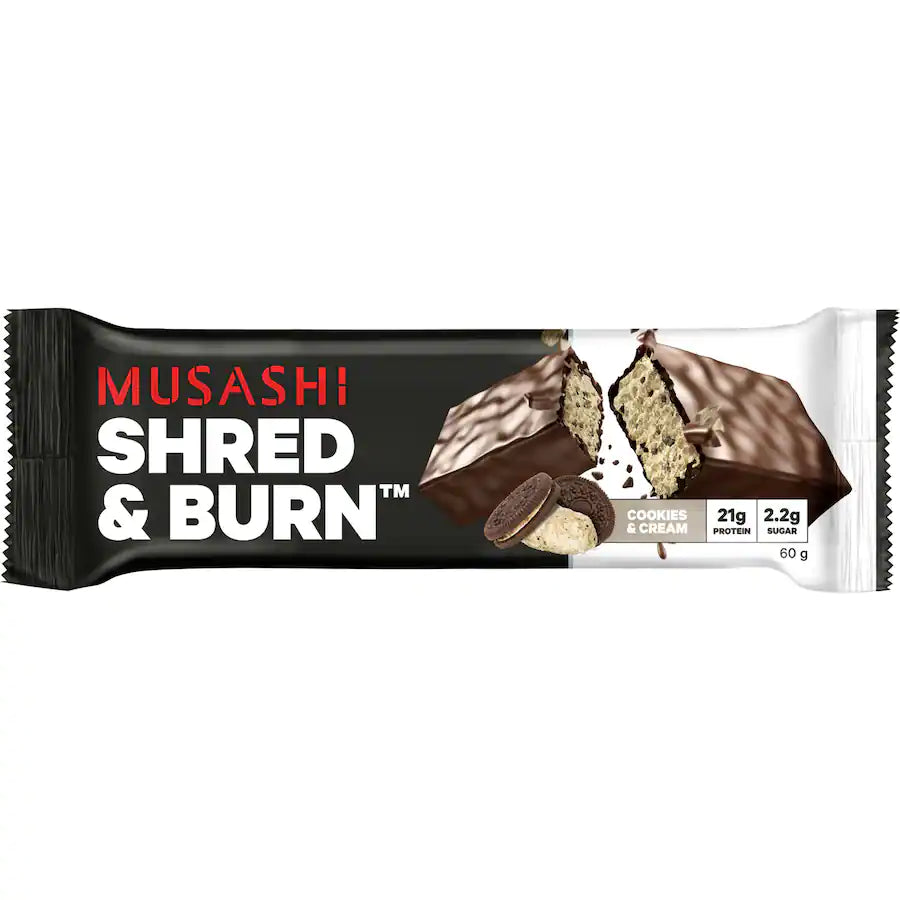 Delicious Musashi Shred and Burn Cookies and Cream Protein Bars. Buy online now from SwoleFoods New Zealand and get delivered to your door!