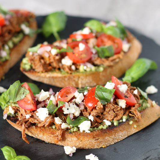 Pulled Pork & Pesto Bruschetta Recipe for Quick, healthy & easy meals by SwoleFoods NZ