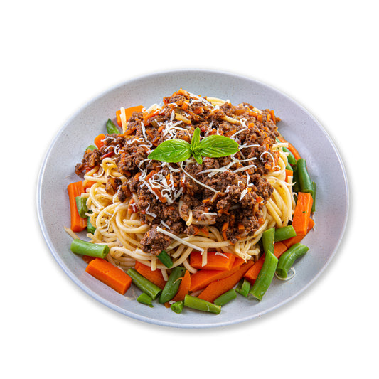 "Classic spaghetti Bolognese made with lean beef sauce – hearty and nutritious meal by Swolefoods.