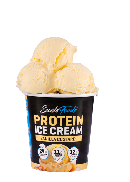 SwoleFoods NZ Vanilla Custard Protein Ice Cream is smooth & creamy with classic vanilla bean notes, just like your favourite dessert - but better for you. Packing 24 grams of protein with low sugar and low carbs in every tub!