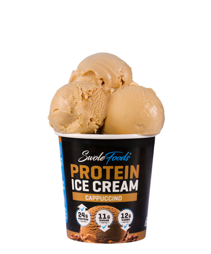 SwoleFoods NZ Cappuccino Protein Ice Cream has a subtle but pleasant coffee flavour reminding you of a refreshing frappe but without the added sugar. Packing 24 grams of protein with low sugar & carbs in every tub!