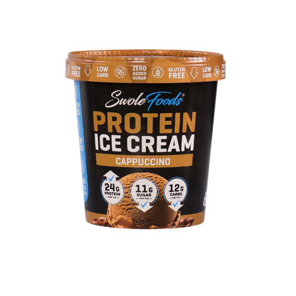 SwoleFoods NZ Cappuccino Protein Ice Cream has a subtle but pleasant coffee flavour reminding you of a refreshing frappe but without the added sugar. Packing 24 grams of protein with low sugar & carbs in every tub!