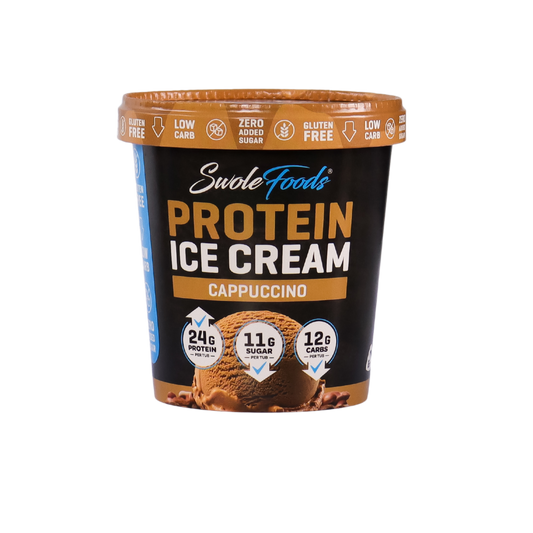 SwoleFoods NZ Cappuccino Protein Ice Cream has a subtle but pleasant coffee flavour reminding you of a refreshing frappe but without the added sugar. Packing 24 grams of protein with low sugar & carbs in every tub!