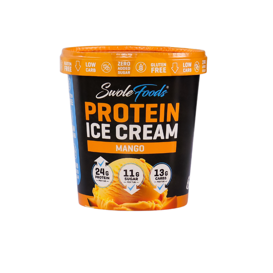 SwoleFood NZ Mango Protein Ice Cream  is a refreshing, tropical burst of mango flavour in every spoonful. Light, fruity, and packed with protein. Packing 24 grams of protein with low sugar & carbs!