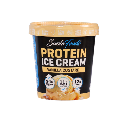 SwoleFoods NZ Vanilla Custard Protein Ice Cream is smooth & creamy with classic vanilla bean notes, just like your favourite dessert - but better for you. Packing 24 grams of protein with low sugar and low carbs in every tub!